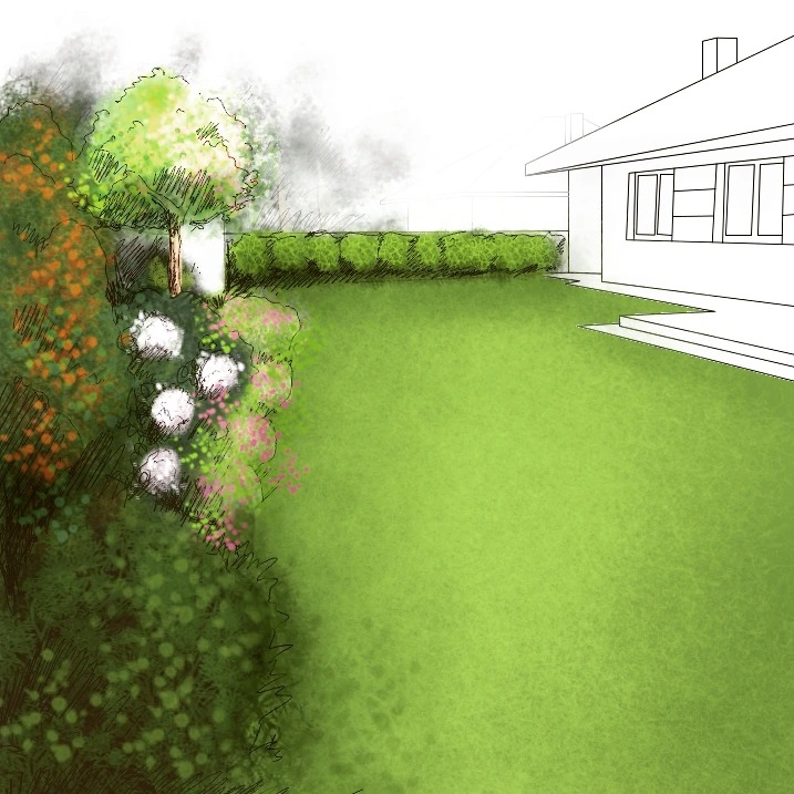 Szkic koncepcyjny ogrodu przydomowego z bujną roślinnością, drzewem, kwitnącymi krzewami i równym trawnikiem graniczącym z minimalistycznym budynkiem.
