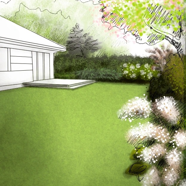 Szkic koncepcyjny zagospodarowania przestrzeni przydomowej z trawnikiem, tarasem i roślinnością ozdobną w tle.