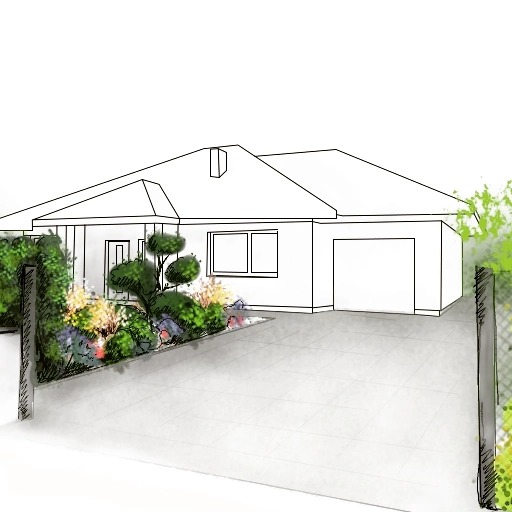 Szkic projektu zagospodarowania przestrzeni przed domem jednorodzinnym z podjazdem, przedstawiający nasadzenia krzewów ozdobnych i drzewek formowanych.