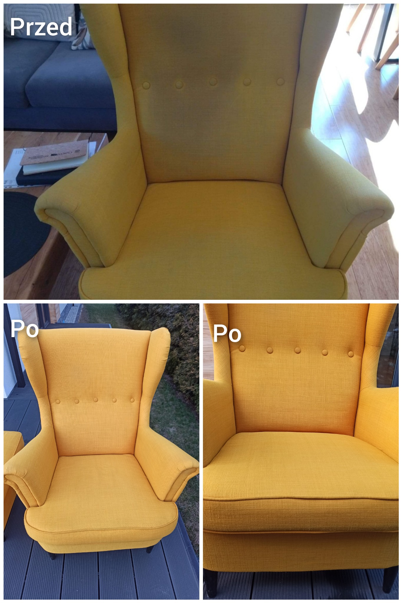 Żółty fotel typu uszak: widok przed i po czyszczeniu, prezentujący różnicę w wyglądzie tapicerki.