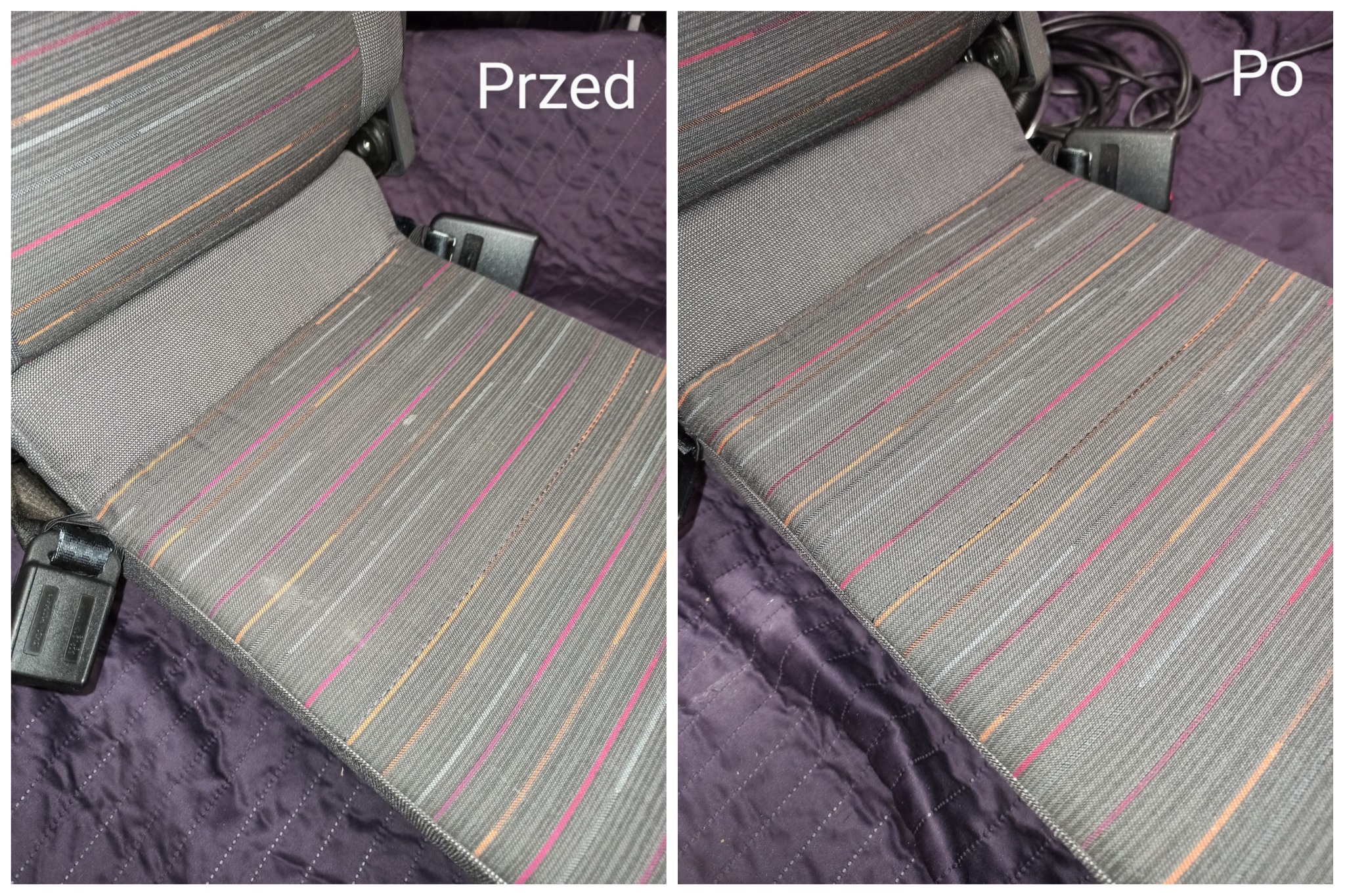 Fotel samochodowy z tapicerką w paski, widok przed i po czyszczeniu, prezentujący efekt usługi w Kolbuszowej.