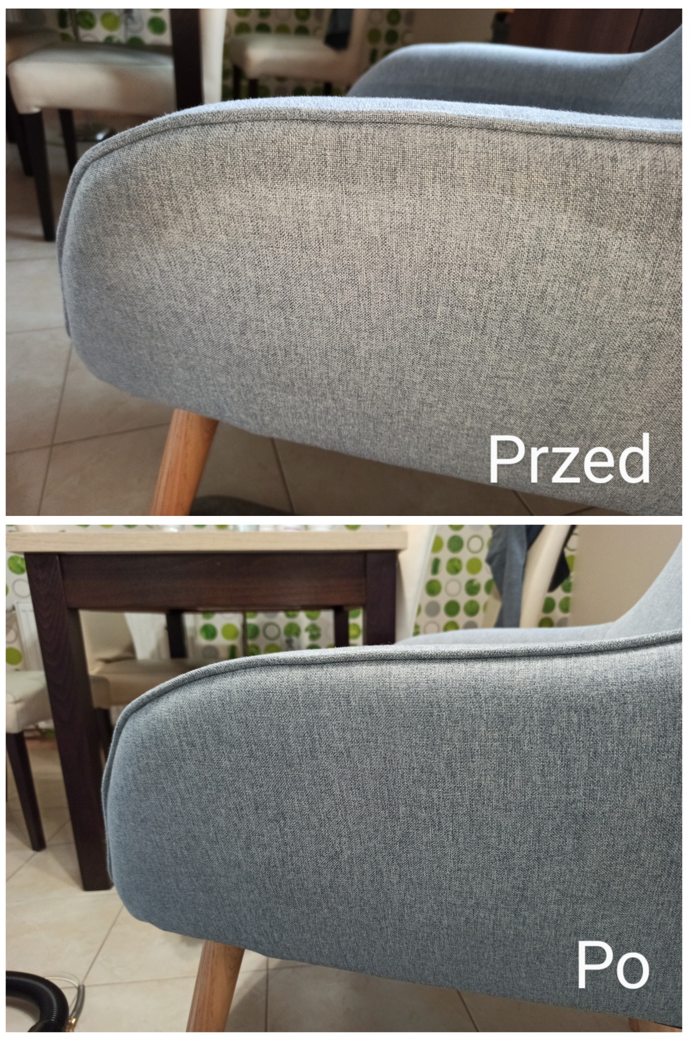 Dwa ujęcia fragmentu szarego fotela tapicerowanego z drewnianymi nogami, ukazujące różnicę w czystości tkaniny: górne 'Przed' z widocznymi plamami, dolne 'Po' - czyste, z fragmentem węża odkurzacza...