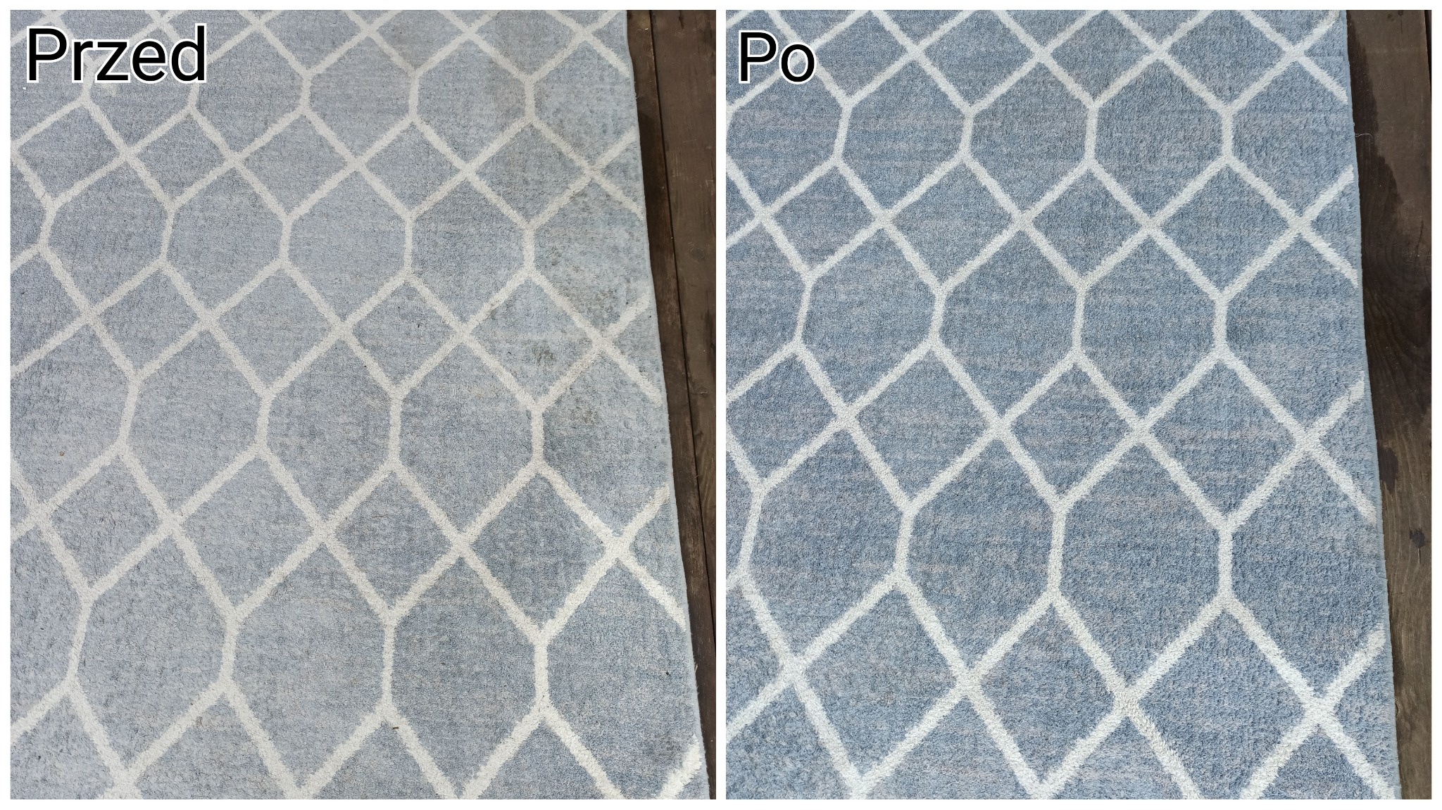 Dywan w geometryczne wzory: porównanie stanu przed i po praniu, widoczne wyraźne usunięcie zabrudzeń.