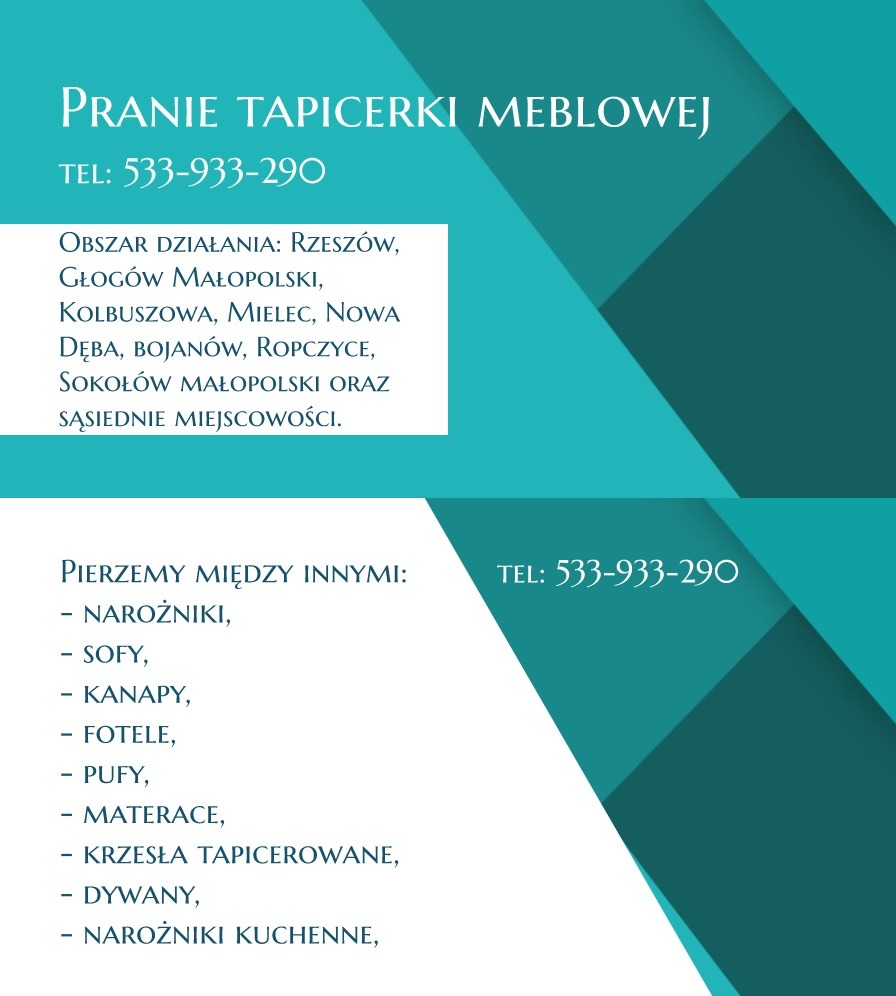 Grafika reklamowa firmy oferującej usługi czyszczenia tapicerki meblowej, narożników, sof, kanap, foteli, puf, materacy, krzeseł tapicerowanych i dywanów, z podanym numerem telefonu i obszarem...