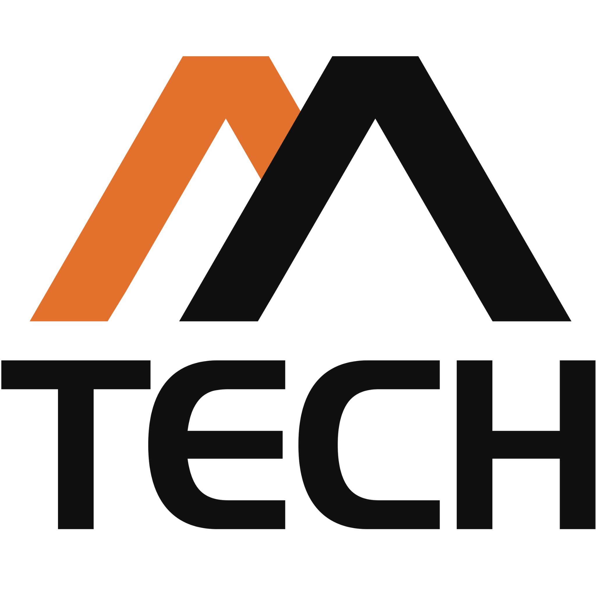Logo firmy MTECH z dwoma stylizowanymi szczytami gór, jeden pomarańczowy, drugi czarny, nad napisem 'TECH' w czerni.