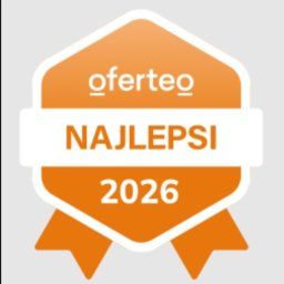 Magdalena Czyż szkolenia&rekrutacja - Pomarańczowa, sześciokątna odznaka z białym obramowaniem i wstążką, zawierająca logo 'oferteo', napis 'NAJLEPSI' na białym tle oraz rok '2026'.