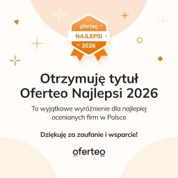 Magdalena Czyż szkolenia&rekrutacja - Grafika z pomarańczowo-białą odznaką 'Oferteo Najlepsi 2026' i tekstem 'Otrzymuję tytuł Oferteo Najlepsi 2026', wyróżnienie dla najlepiej ocenianych firm.