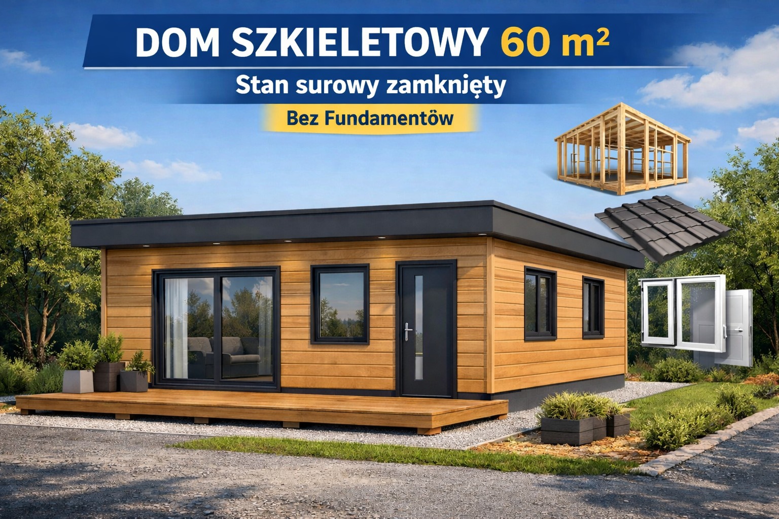 Dom szkieletowy 60m2 w stanie surowym zamkniętym, bez fundamentów. Wizualizacja z drewnianą konstrukcją, dachówką i oknami. Elewacja z jasnego drewna, czarne okna i drzwi.