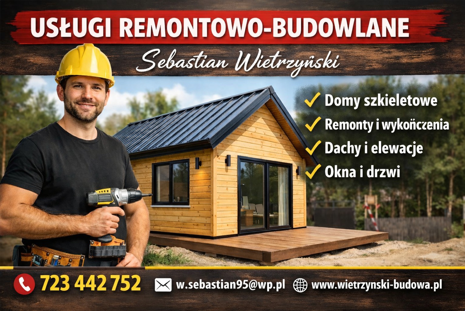 Mężczyzna w kasku z wiertarką na tle domu szkieletowego. Oferta usług remontowo-budowlanych, w tym domy szkieletowe, remonty, dachy, elewacje, okna i drzwi.