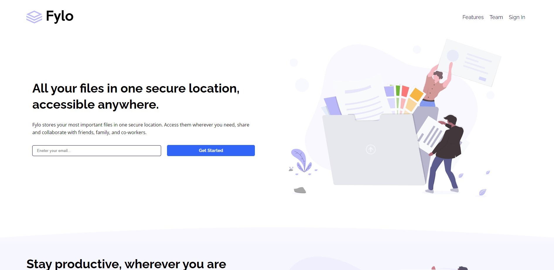 Ilustracja strony internetowej z grafiką przedstawiającą przechowywanie i organizację plików w chmurze, z postaciami przenoszącymi dokumenty do dużego folderu.