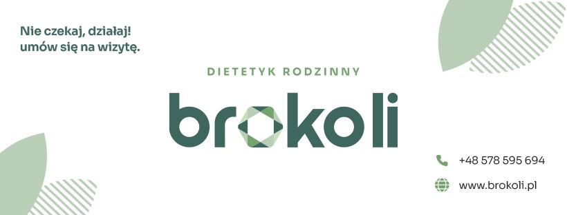 Logo firmy 'brokoli' z numerem telefonu i adresem strony internetowej, oferującej usługi dietetyczne dla rodzin, z hasłem 'Nie czekaj, działaj! Umów się na wizytę.'