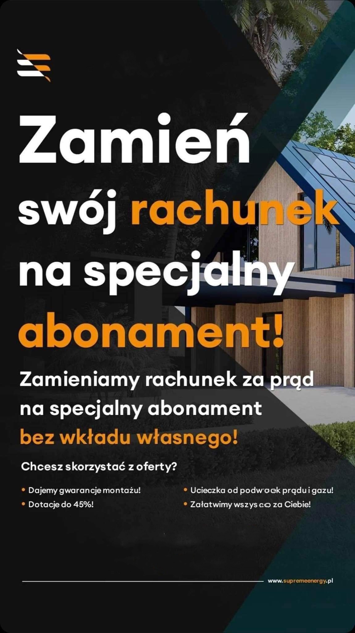 Reklama firmy oferującej specjalny abonament na energię, z panelem fotowoltaicznym na dachu nowoczesnego domu w tle.