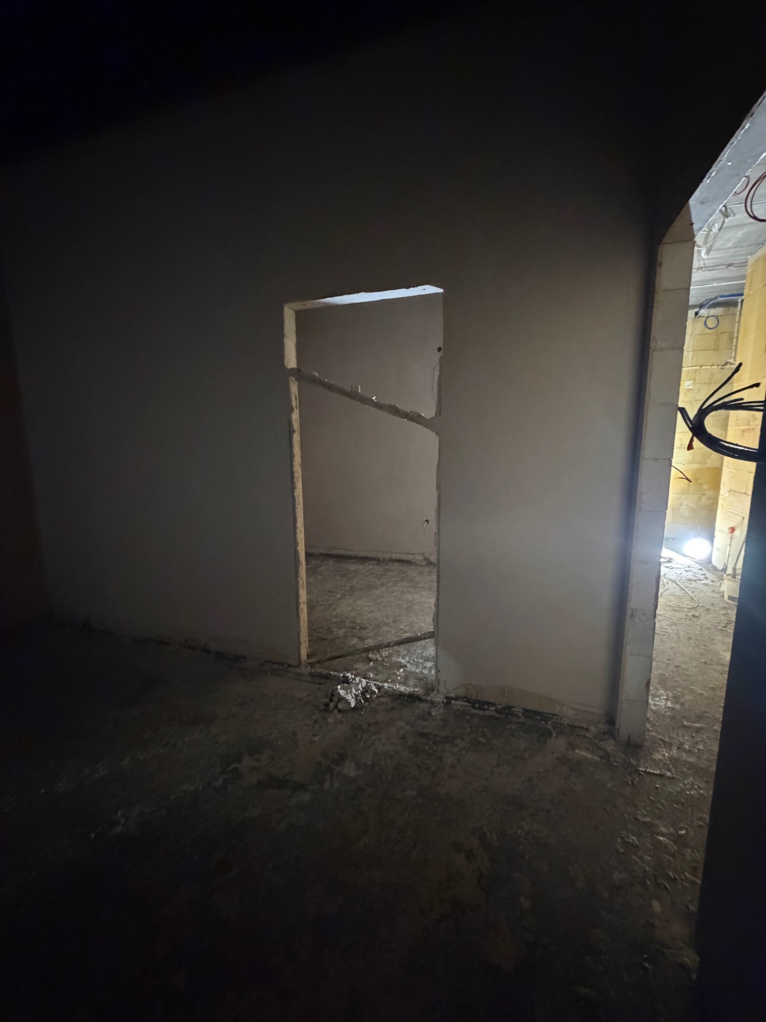 Wnętrze w trakcie prac wykończeniowych: świeżo otynkowane ściany w szarym odcieniu, widoczne instalacje elektryczne w tle, surowy stan podłogi.