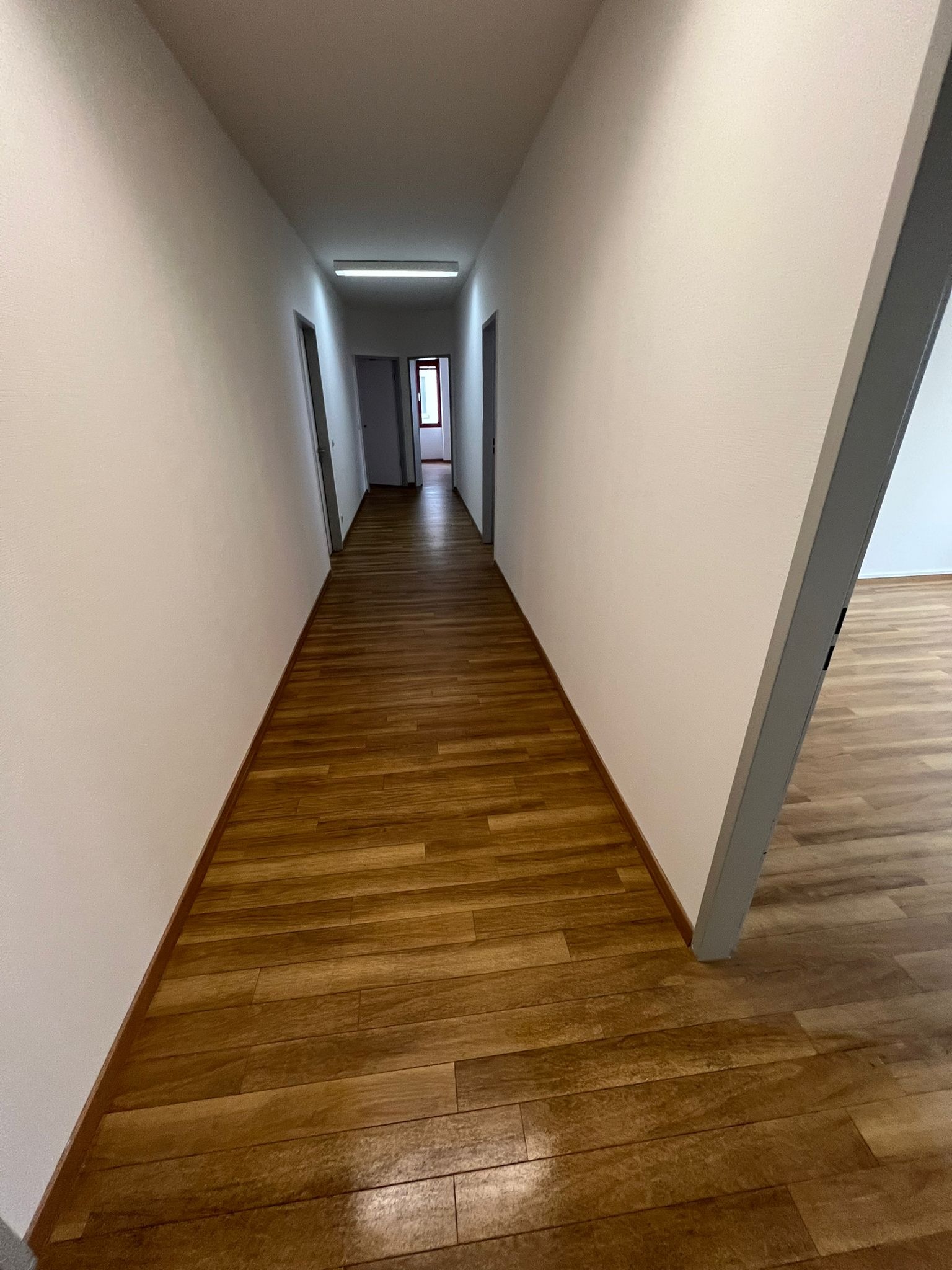 Długi korytarz z drewnianą podłogą, świeżo pomalowane ściany w odcieniu bieli, widoczne drzwi do pomieszczeń po obu stronach korytarza, sufit z oświetleniem liniowym