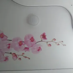 Biały sufit z delikatnym wzorem różowych orchidei i okrągłym oświetleniem LED.