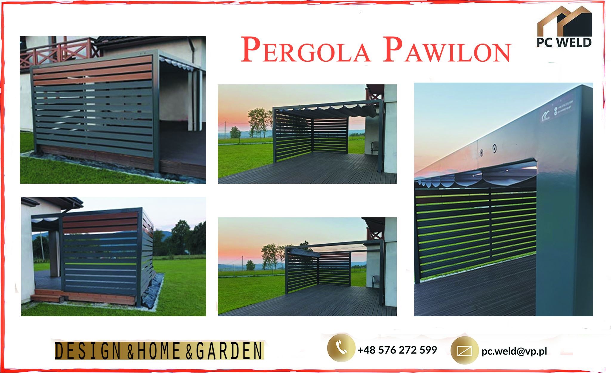 Nowoczesna pergola z metalowymi panelami w kolorze grafitowym i elementami drewnianymi, zadaszenie z tkaniny, na drewnianym tarasie, otoczona zielonym trawnikiem i budynkiem w tle.