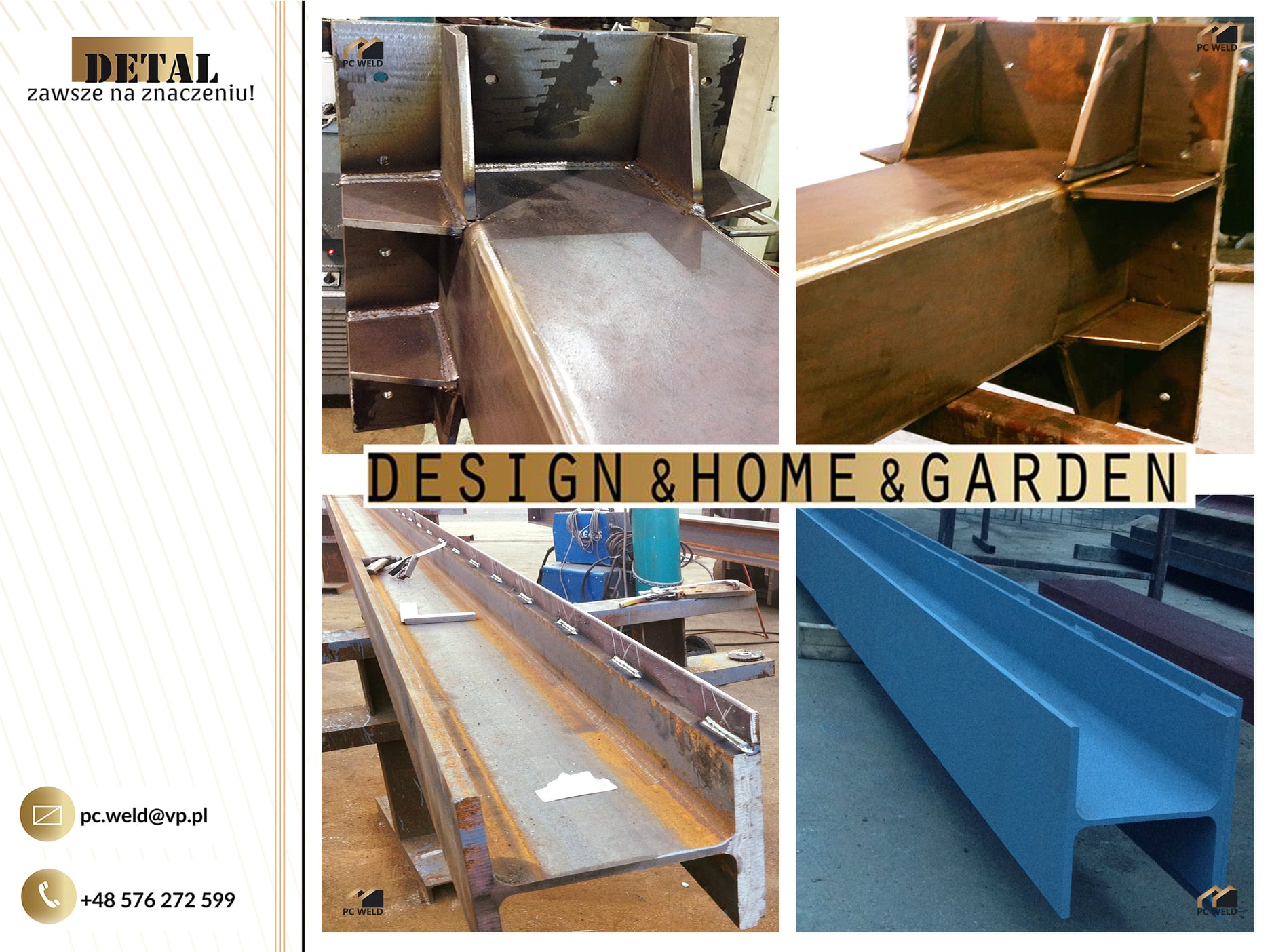 Kolaż zdjęć przedstawiających elementy konstrukcji stalowych: spawane połączenia belek, surową belkę z przygotowanymi punktami do spawania oraz pomalowaną na niebiesko belkę H. Widoczne ślady...