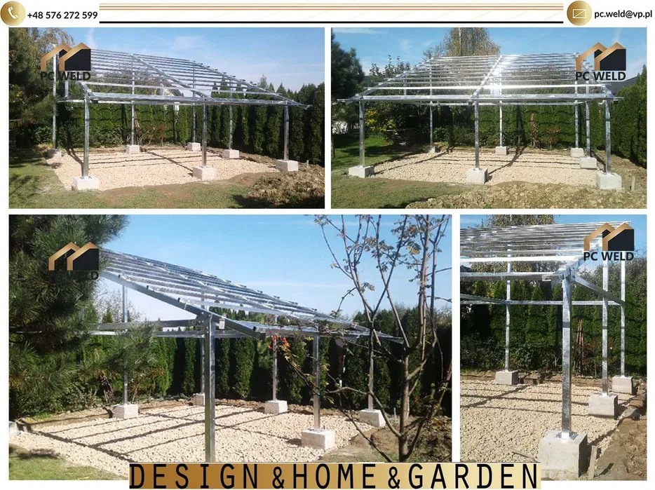 Konstrukcja z metalowych profili na betonowych fundamentach, prawdopodobnie zadaszenie tarasu lub altany, widoczna na kilku ujęciach, z logo firmy w rogu.