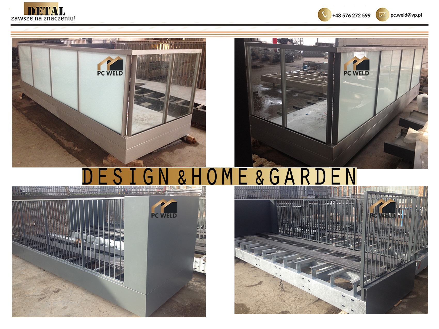 Cztery ujęcia stalowej konstrukcji: przeszklona witryna z logo PC Weld i metalowa klatka z kratą, prawdopodobnie w trakcie produkcji, na betonowej posadzce.