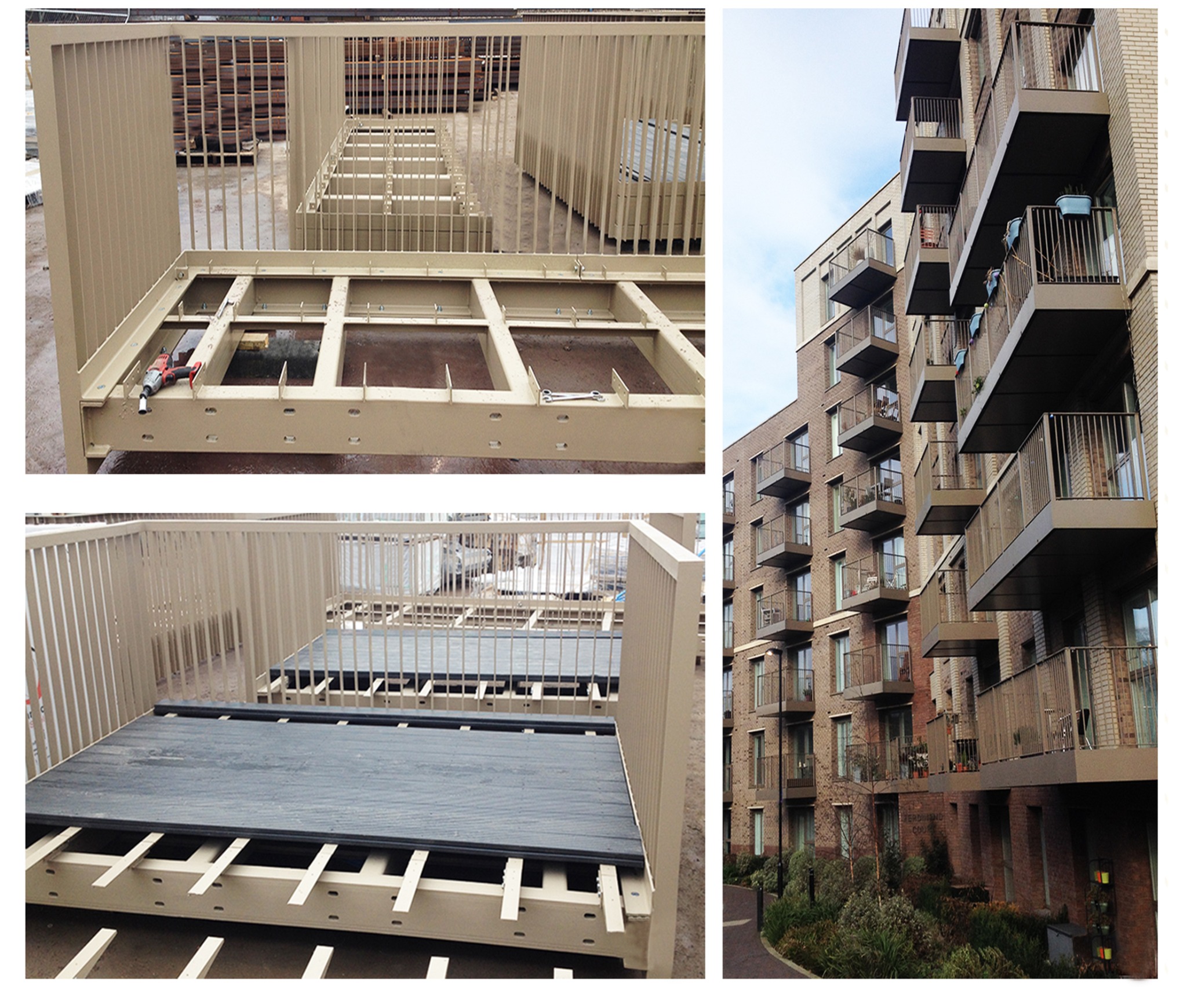 Modułowe konstrukcje balkonowe z metalowymi balustradami w trakcie montażu, z widocznym budynkiem mieszkalnym z zamontowanymi balkonami w tle.