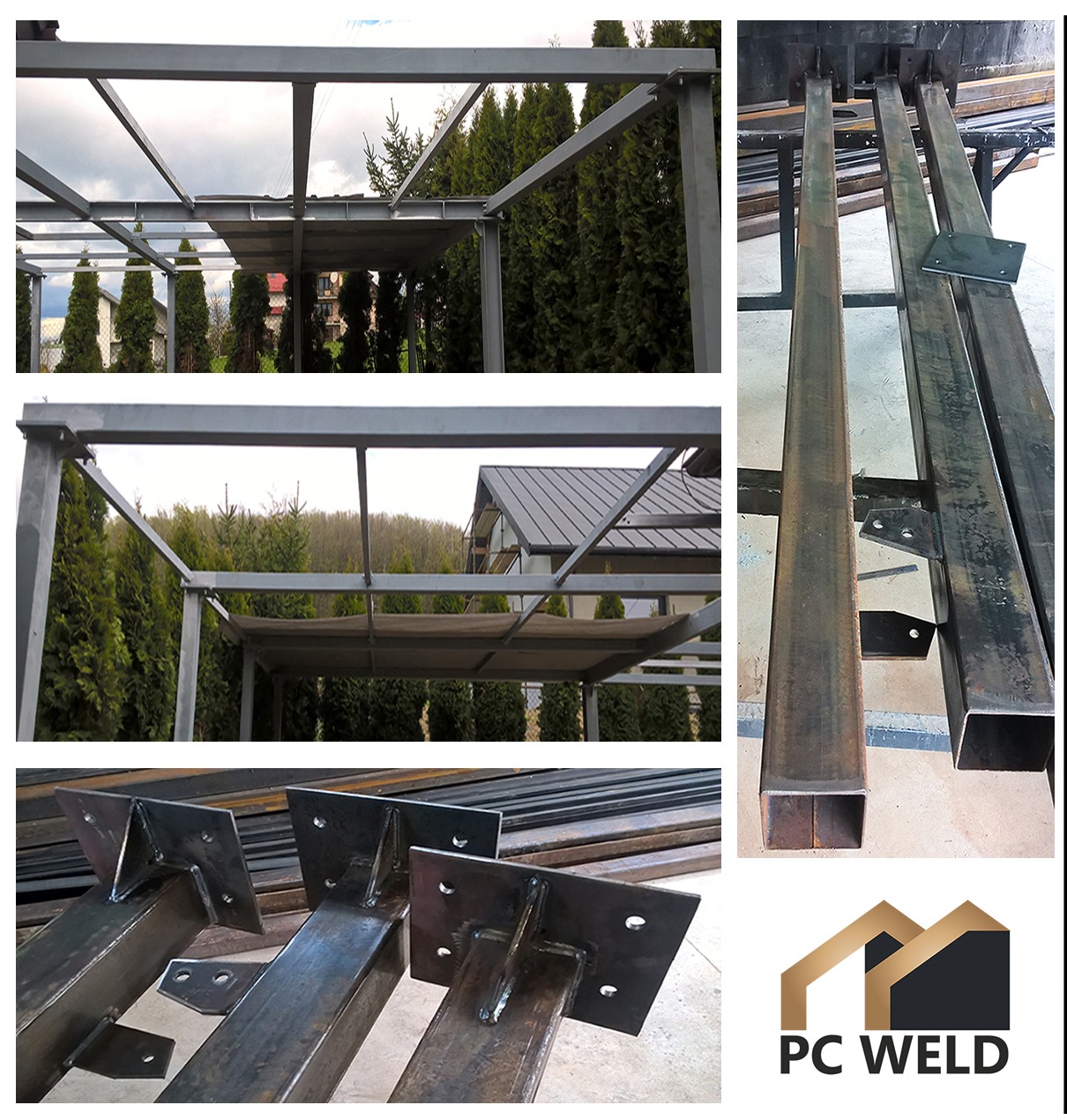 Konstrukcja metalowa z profili kwadratowych, widok z różnych perspektyw, elementy przygotowane do montażu, tło z zielenią i budynkiem, logo firmy PC WELD.