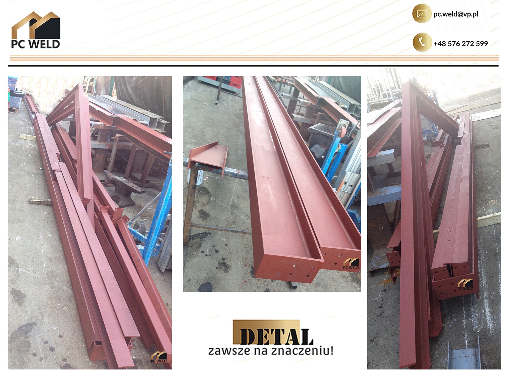 Elementy konstrukcji stalowej w kolorze ceglastym, przygotowane do montażu w Nowym Sączu, widoczne logo firmy.