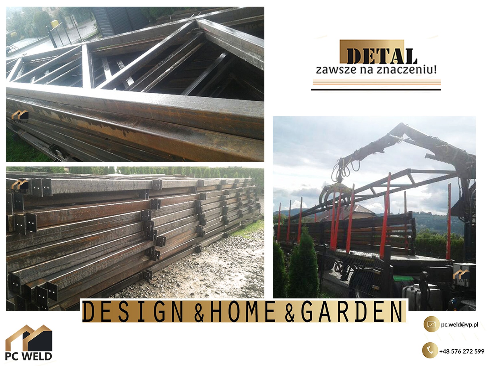 Sztaple metalowych profili, niektóre z otworami, oraz elementy konstrukcji stalowej transportowane dźwigiem na tle zieleni.