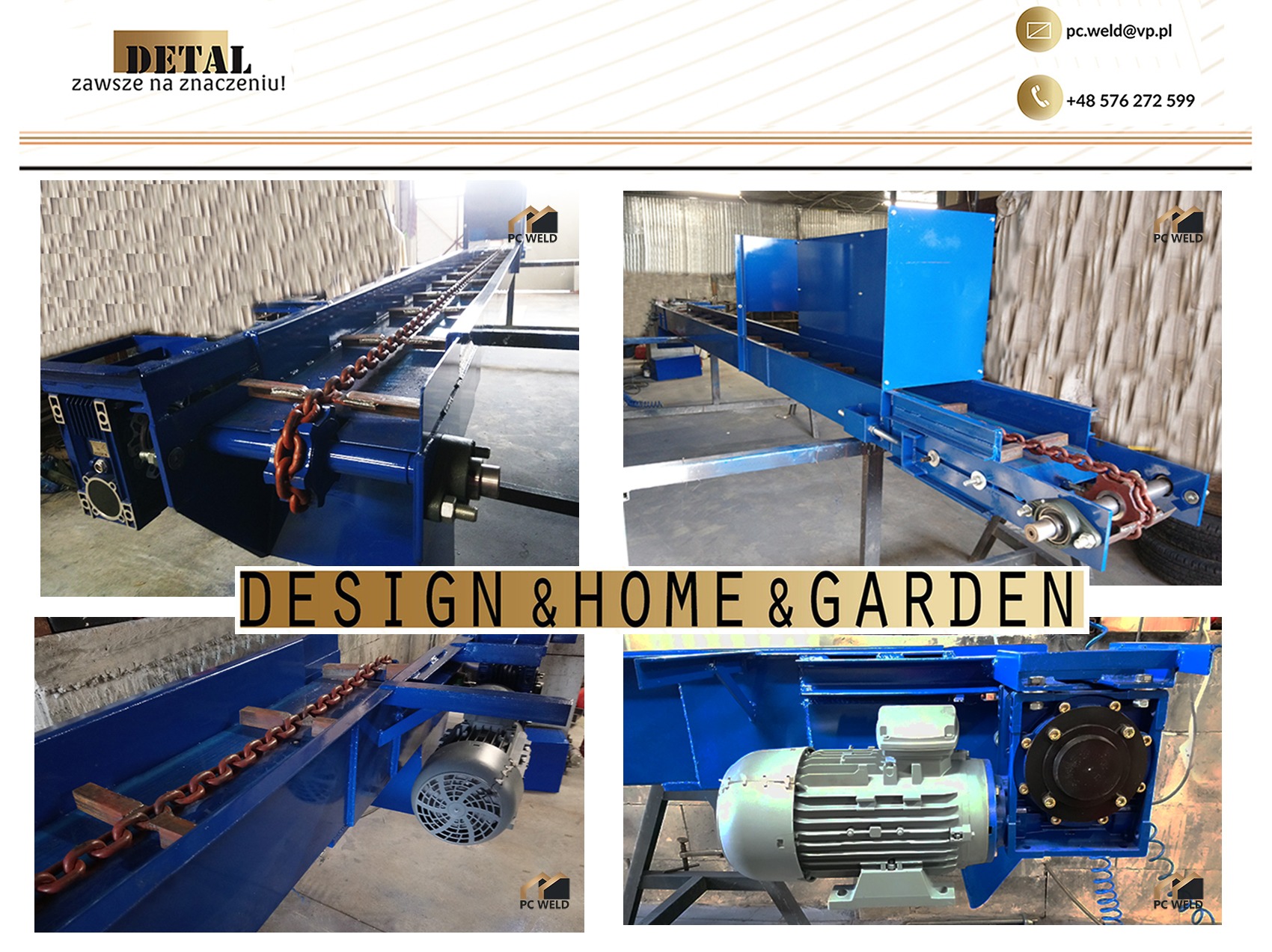 Cztery ujęcia fragmentów niebieskiej konstrukcji stalowej z łańcuchem transportowym, widoczne silniki i elementy mechaniczne, w tle ściana z blachy falistej.