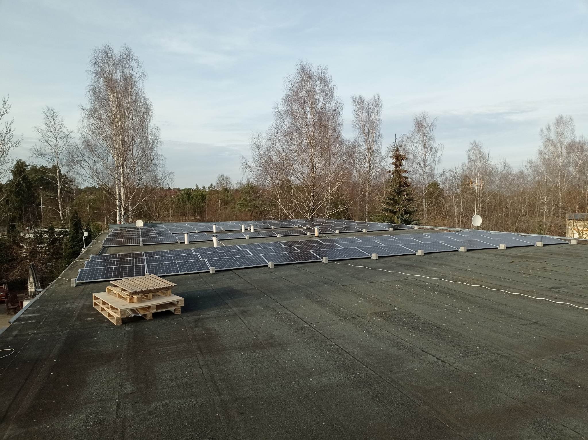 Panele słoneczne na płaskim dachu budynku, część jeszcze na drewnianych paletach, drzewa w tle.