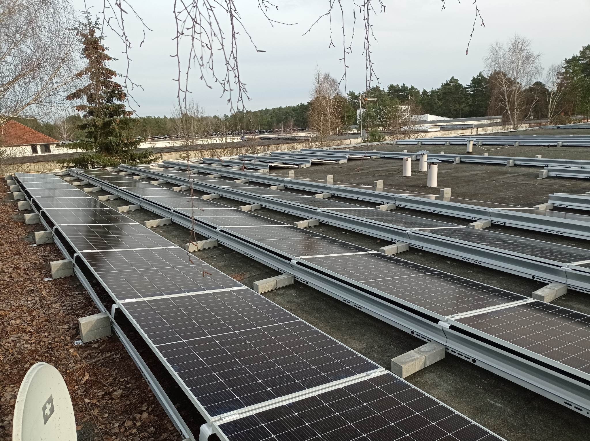 Rzędy paneli fotowoltaicznych zamontowane na płaskim dachu w Ożarowie Mazowieckim, widok z góry z fragmentem drzewa w tle.