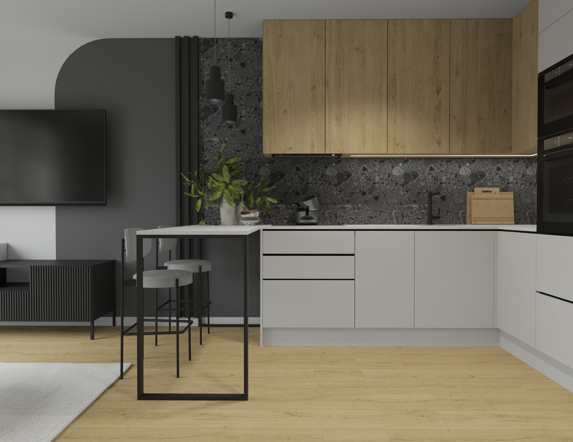 Nowoczesna kuchnia z drewnianymi szafkami górnymi, szarymi szafkami dolnymi, blatem z białego konglomeratu i ścianą z szarego lastryko, uzupełniona o stół barowy z dwoma szarymi hokerami.