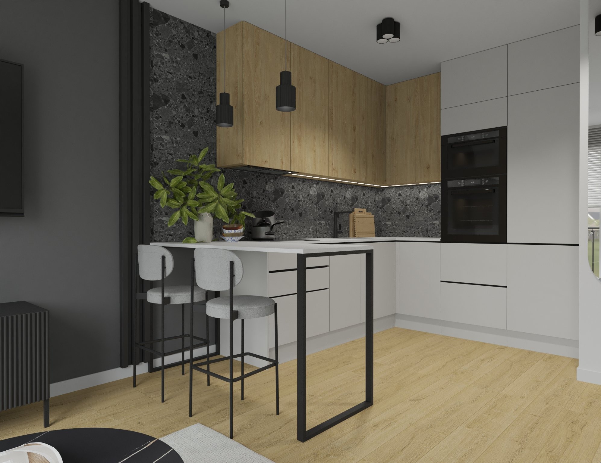 Wizualizacja nowoczesnej kuchni z wyspą i hokerami, drewniane i białe szafki, czarny kamienny backsplash, oświetlenie punktowe, podłoga drewniana.