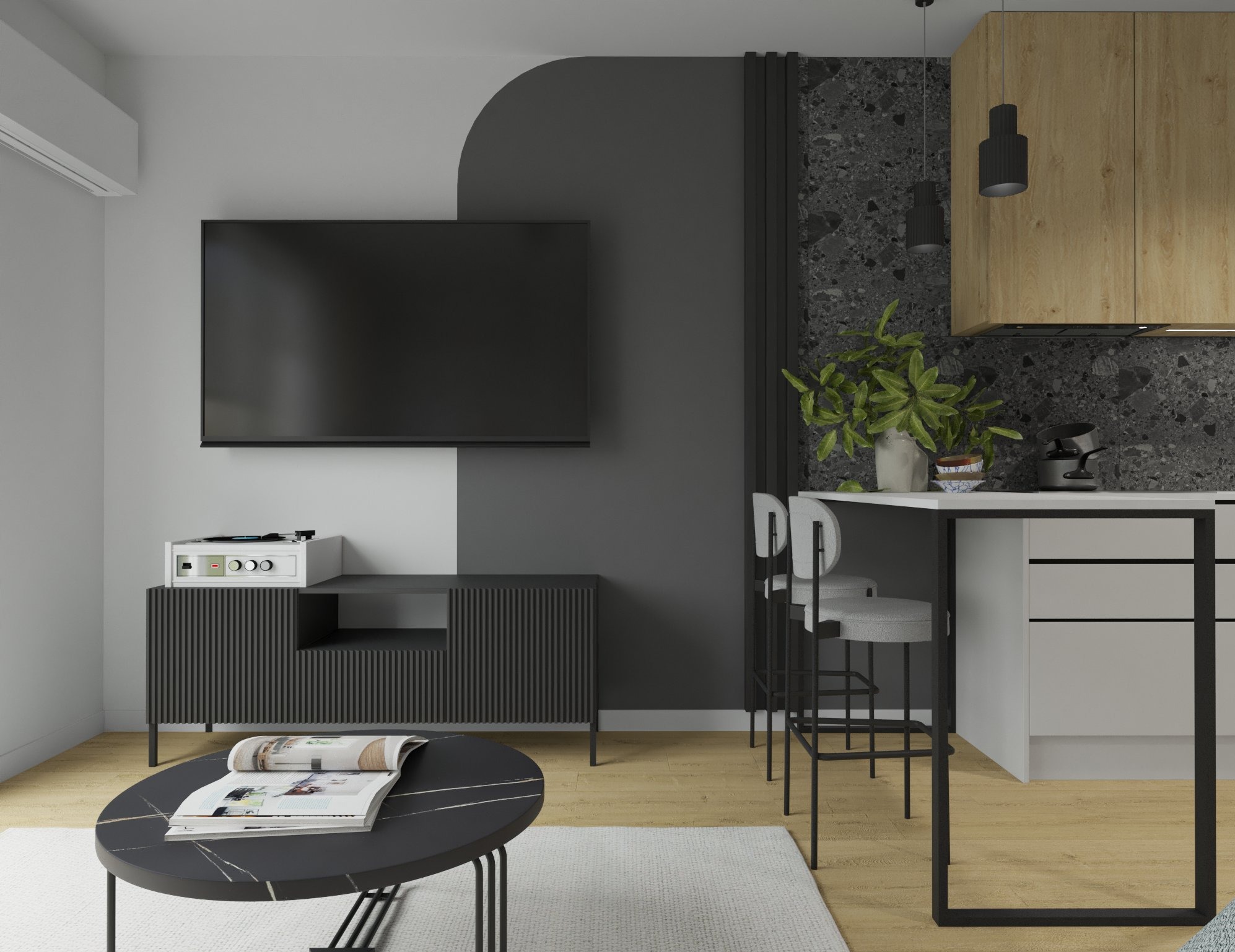Wizualizacja salonu z aneksem kuchennym w nowoczesnym stylu, z czarnym telewizorem na ścianie, czarną komodą z gramofonem, okrągłym stolikiem kawowym z marmurowym blatem i aneksem kuchennym...