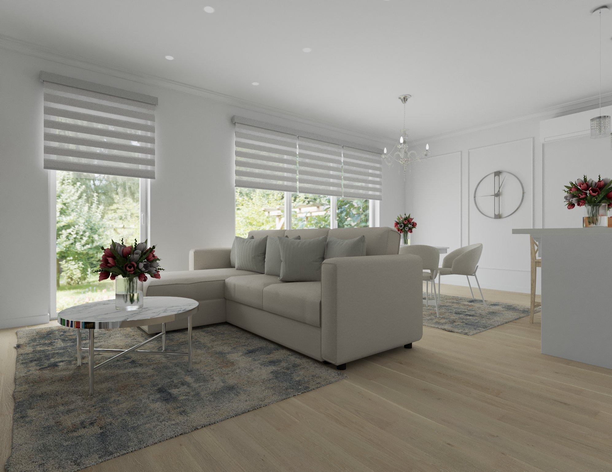 Jasne, przestronne wnętrze salonu z narożną sofą, marmurowym stolikiem kawowym z kwiatami, drewnianą podłogą i żaluzjami okiennymi.