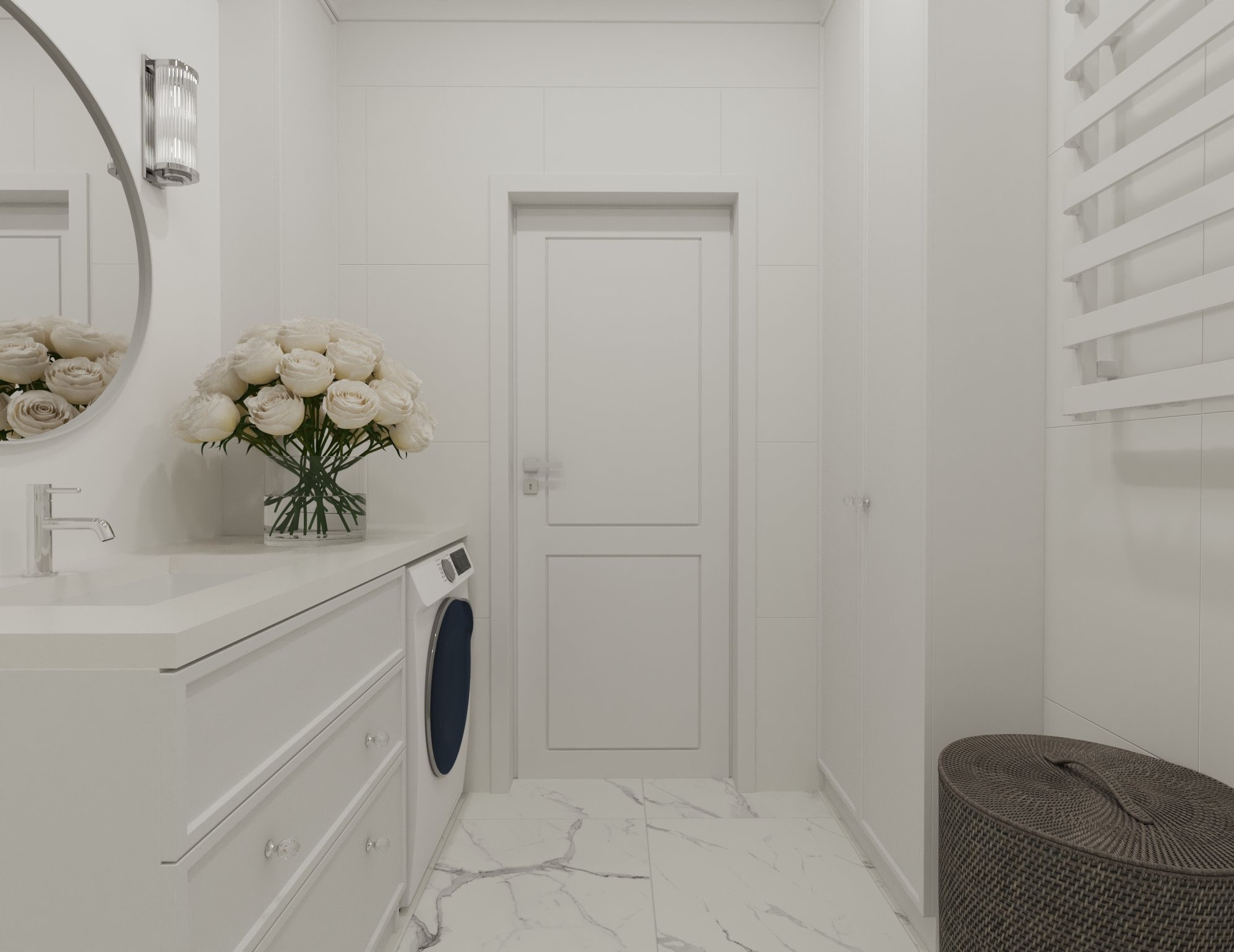 Jasna łazienka w stylu minimalistycznym z marmurową podłogą, umywalką z szafką z kryształowymi gałkami, pralką, lustrem z lampą, grzejnikiem drabinkowym i koszem na pranie, ozdobiona bukietem...