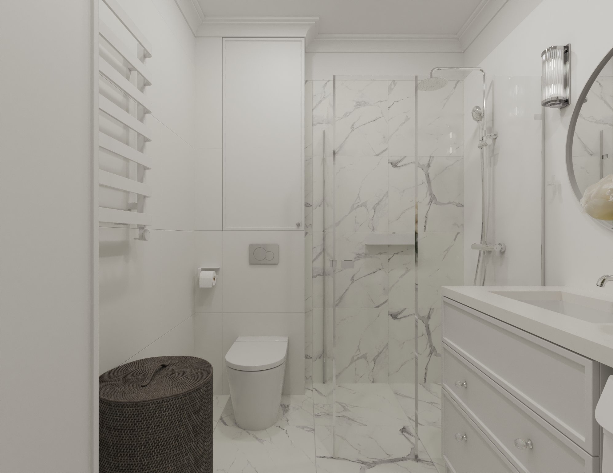 Jasna łazienka z kabiną prysznicową wykończoną płytkami imitującymi marmur, białą umywalką z szafką w stylu klasycznym, toaletą i grzejnikiem drabinkowym.