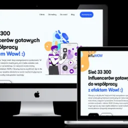 Responsywna strona internetowa agencji influencermarketingowej influWOW wyświetlana na monitorze, tablecie i smartfonie, prezentująca ofertę współpracy z influencerami.