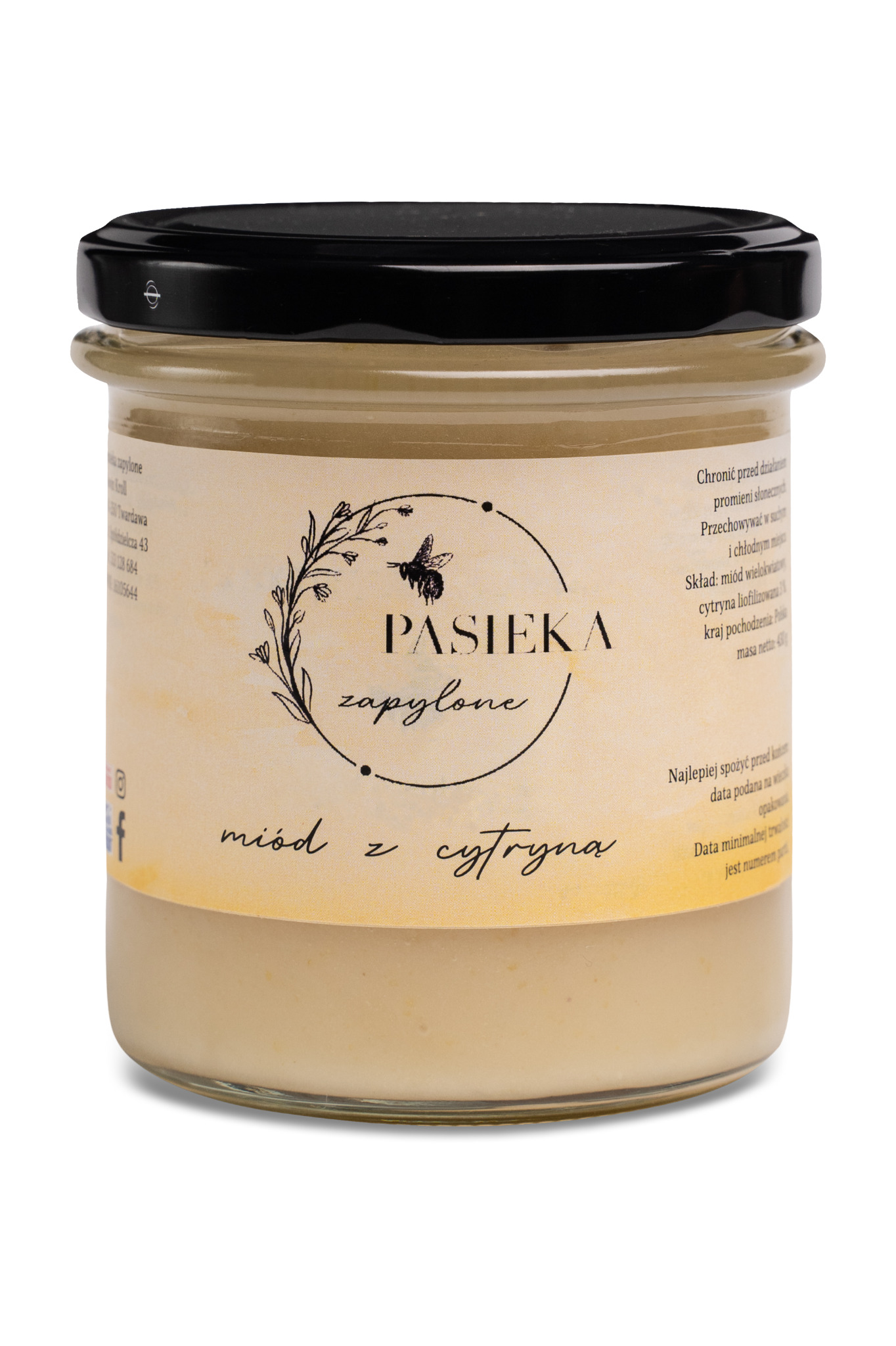 Słoik kremowego miodu z cytryną, etykieta z motywem pszczoły i napisem 'Pasieka Zapylone', czarna zakrętka, widoczne informacje o składzie i dacie ważności.