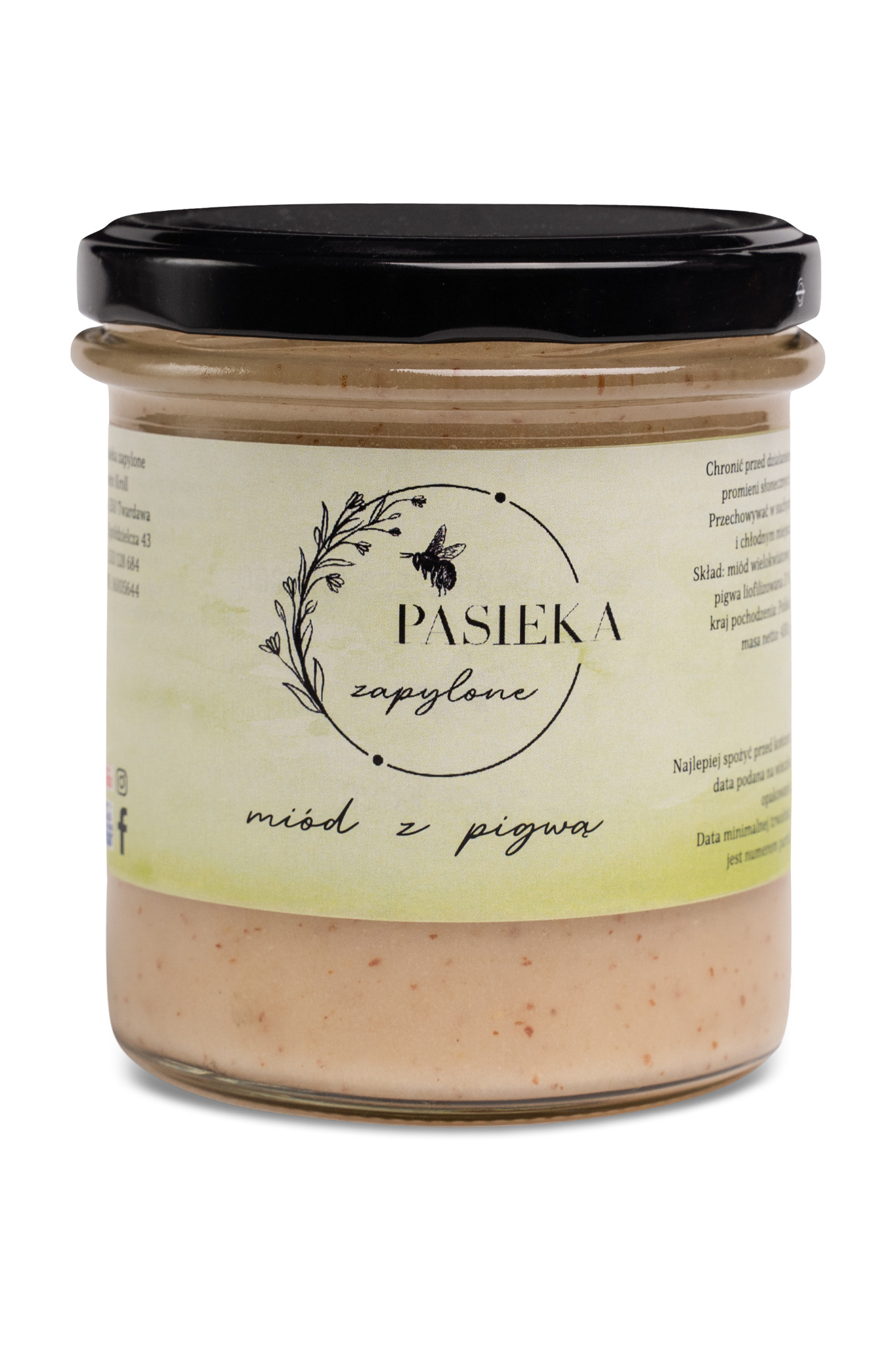 Słoik z miodem z pigwą, etykieta z motywem pszczoły i napisem 'Pasieka Zapylone', widoczna kremowa zawartość słoika.