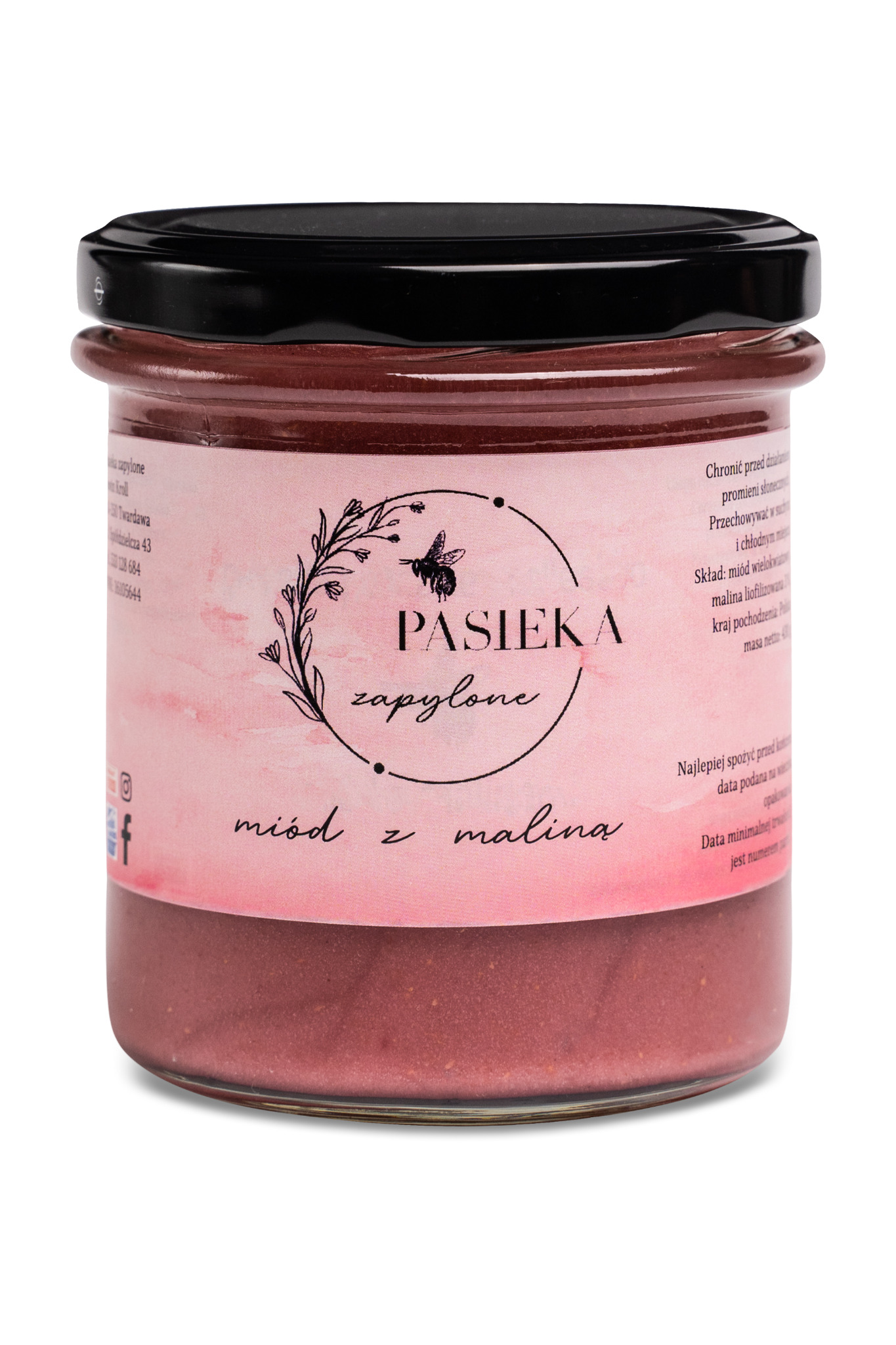 Słoik z miodem malinowym z etykietą 'Pasieka zapylone', widoczne informacje o składzie i dacie ważności.