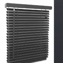 Ciemnoszare żaluzje poziome z mechanizmem sznurkowym, częściowo zasłonięte, na białym tle.