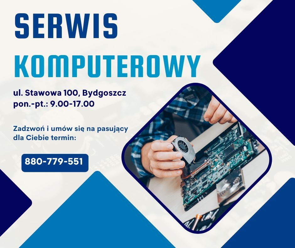 Mężczyzna w koszuli w kratę trzyma wentylator nad płytą główną komputera, na tle grafiki reklamowej z adresem i numerem telefonu serwisu.