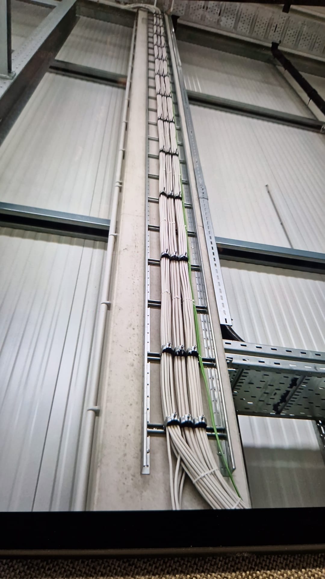 Pionowy układ kabli elektrycznych w korytach przymocowanych do ściany w hali przemysłowej, kable spięte opaskami, widoczne elementy konstrukcji stalowej.