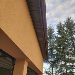 PRO-BUD Przemysław Wrzesniewski - Jasnożółta elewacja domu z brązowymi rynnami, widok z dołu na tle błękitnego nieba i zielonych drzew iglastych.