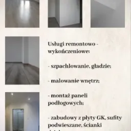 Kolaż zdjęć przedstawiający wykończone wnętrza: jasne panele podłogowe, gładkie ściany i sufit po remoncie, oraz tekst z ofertą usług remontowych i numerem telefonu.