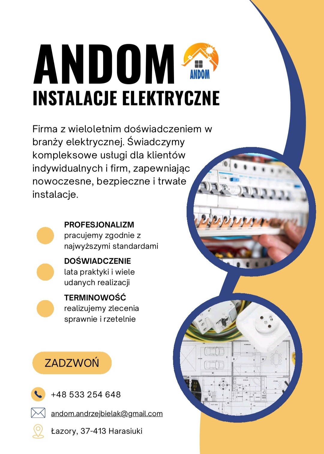 Plakat reklamowy firmy ANDOM świadczącej usługi elektryczne, z wizualizacją instalacji elektrycznej w trakcie montażu, schematem instalacji oraz danymi kontaktowymi.