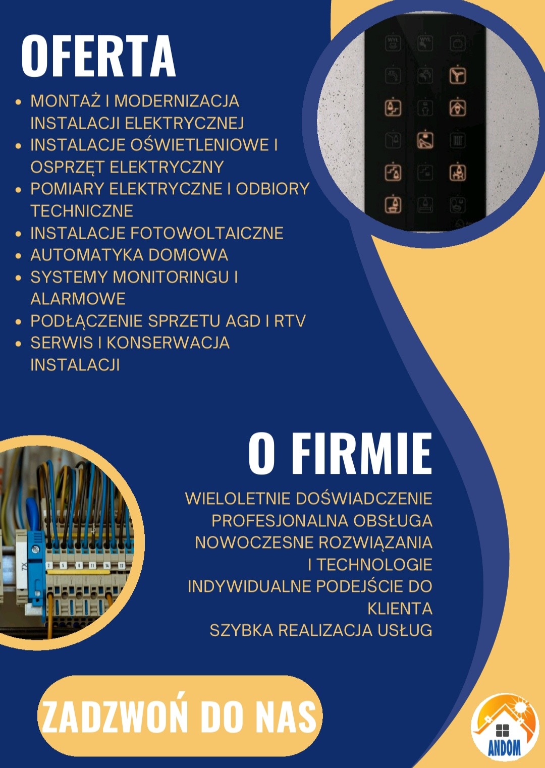 Grafika reklamowa firmy oferującej usługi elektryczne, fotowoltaiczne, automatyki domowej, systemów monitoringu i alarmowe, podłączenia sprzętu AGD i RTV oraz serwis i konserwację instalacji.