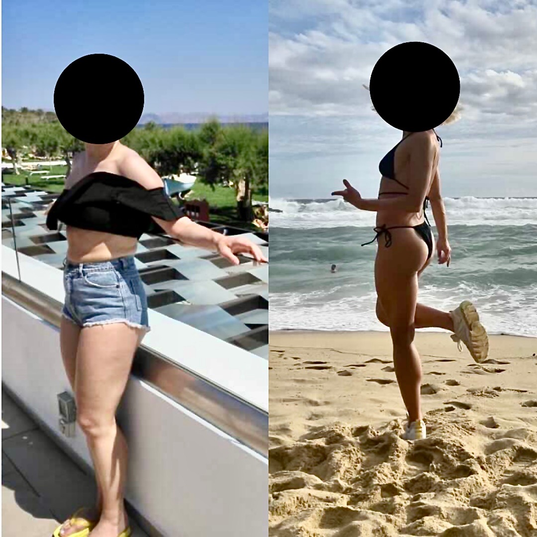 Zdjęcie przedstawia porównanie sylwetki kobiety przed i po treningach, po lewej stronie na tarasie, po prawej na plaży w bikini i sportowych butach.