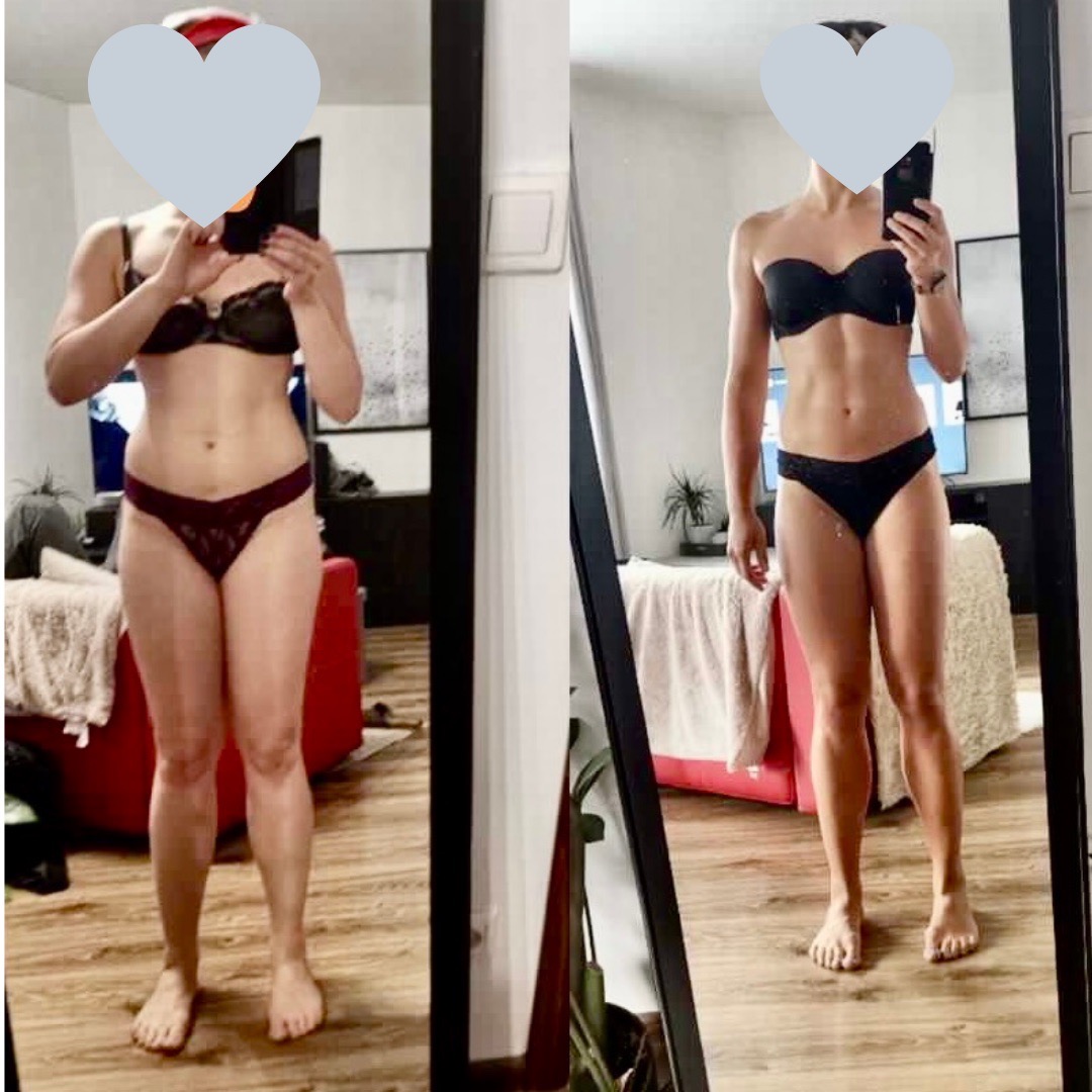 Kobieta fotografuje w lustrze swoją sylwetkę przed i po treningu, widoczne zmiany w definicji mięśni brzucha i ramion, domowe tło.