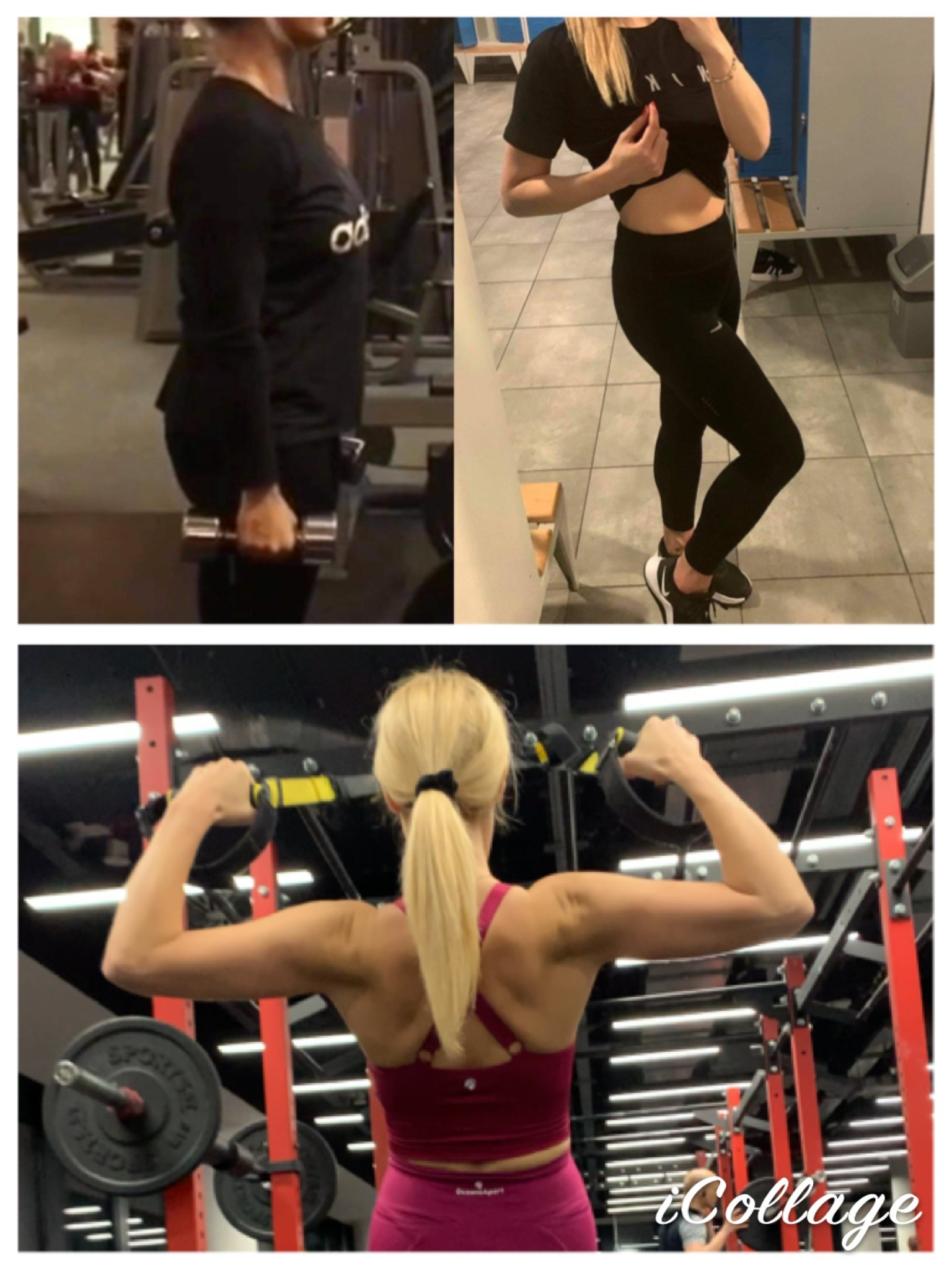 Kolaż przedstawiający kobietę ćwiczącą na siłowni: unoszenie hantli, prezentacja sylwetki w stroju sportowym oraz ćwiczenia z użyciem taśm TRX, widoczne obciążenia na stojaku.